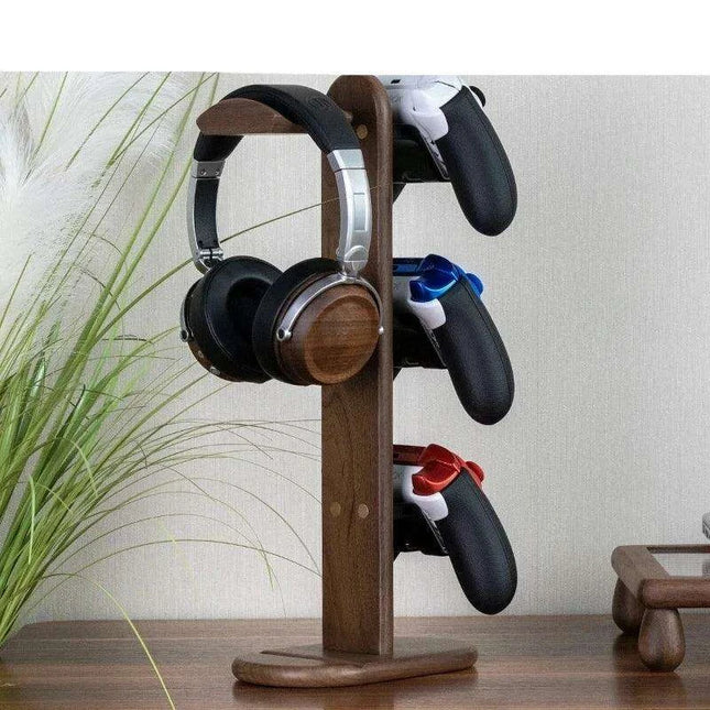 Elegant Walnut Gaming Controller Dock with Headphone Holder