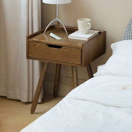 Elegant Walnut Mid Century Modern Bedside Table with Storage Drawer - Premium Solid Ash Wood Nightstand for Bedroom and Dorm Room - Très Elite