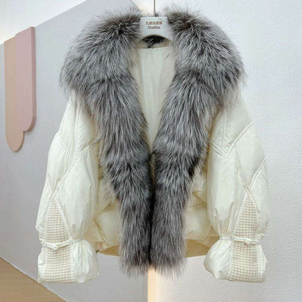 Elegant White Down Puffer Coat with Luxurious Silver Fox Fur Collar - Women's Winter Fashion Statement - Très Elite
