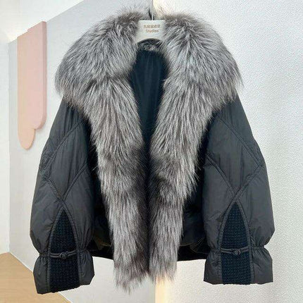 Elegant White Down Puffer Coat with Luxurious Silver Fox Fur Collar - Women's Winter Fashion Statement
