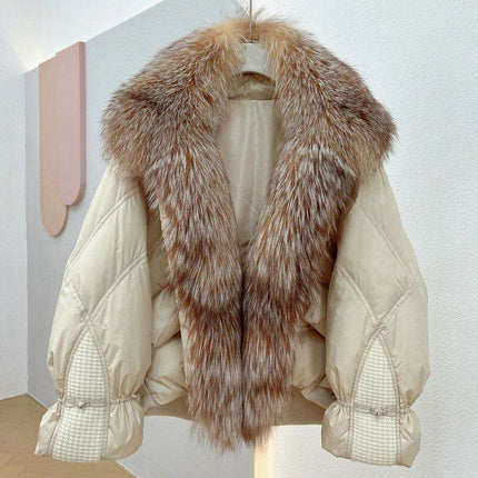 Elegant White Down Puffer Coat with Luxurious Silver Fox Fur Collar - Women's Winter Fashion Statement - Très Elite