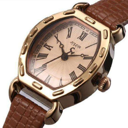 Elegant White Gold Women's Timepiece with Leather Strap by JULIUS- Très Elite- Très Elite