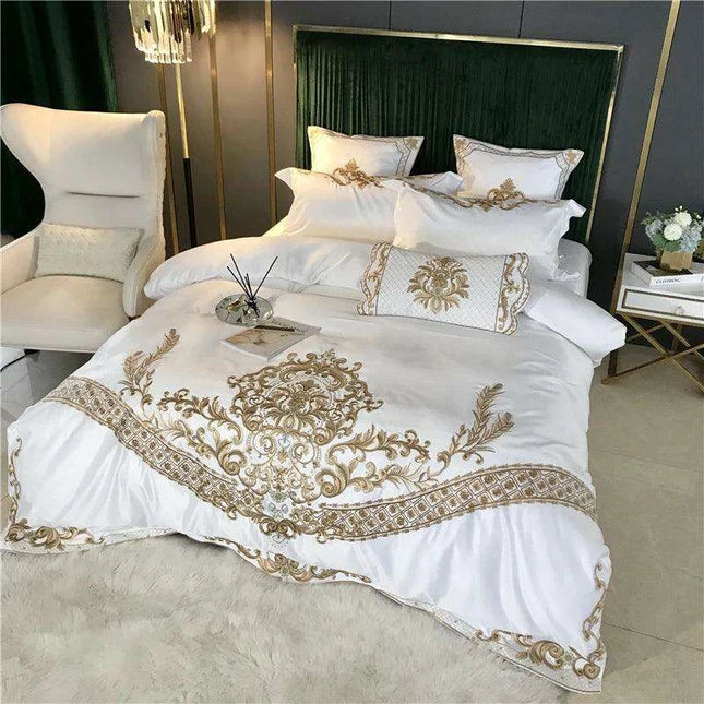 Elegant White Satin and Cotton Embroidered Luxury Bedding Collection with Duvet Cover, Sheets, and Pillowcases