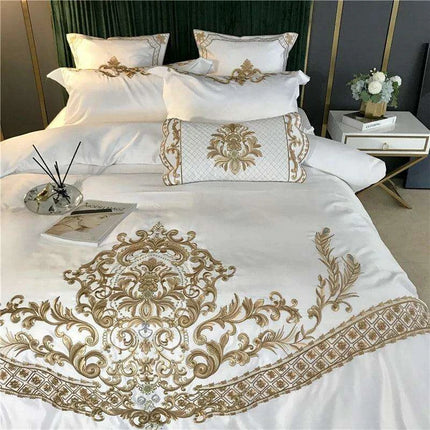 Elegant White Satin and Cotton Embroidered Luxury Bedding Collection with Duvet Cover, Sheets, and Pillowcases - Très Elite