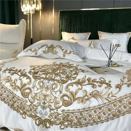 Elegant White Satin and Cotton Embroidered Luxury Bedding Collection with Duvet Cover, Sheets, and Pillowcases - Très Elite