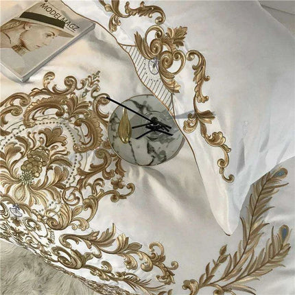 Elegant White Satin and Cotton Embroidered Luxury Bedding Collection with Duvet Cover, Sheets, and Pillowcases - Très Elite