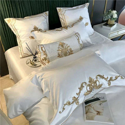Elegant White Satin and Cotton Embroidered Luxury Bedding Collection with Duvet Cover, Sheets, and Pillowcases - Très Elite
