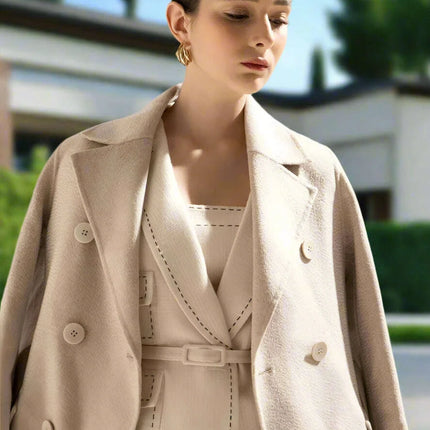Elegant Women's Autumn 2-Piece Suit with Contrast Lines Belted Jacket and Slim Tweed Dress - Très Elite