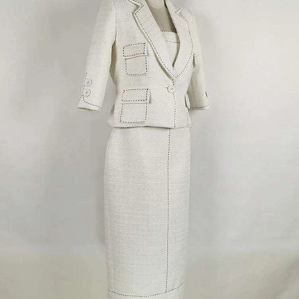 Elegant Women's Autumn 2-Piece Suit with Contrast Lines Belted Jacket and Slim Tweed Dress - Très Elite