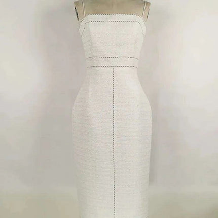 Elegant Women's Autumn 2-Piece Suit with Contrast Lines Belted Jacket and Slim Tweed Dress - Très Elite