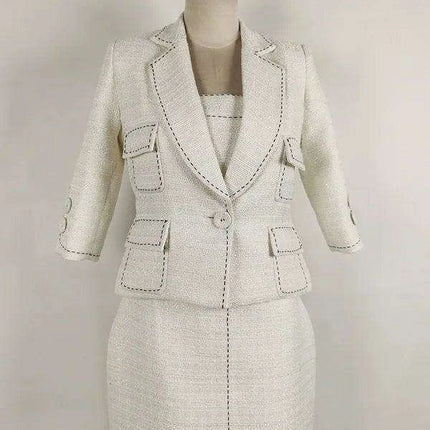 Elegant Women's Autumn 2-Piece Suit with Contrast Lines Belted Jacket and Slim Tweed Dress - Très Elite