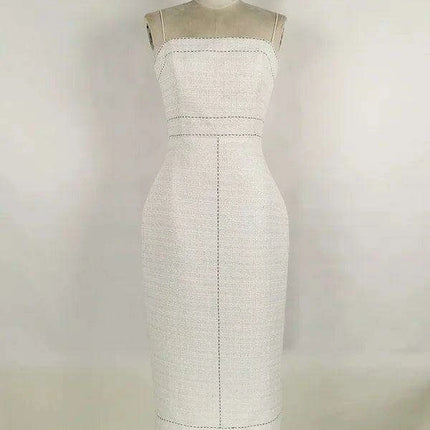 Elegant Women's Autumn 2-Piece Suit with Contrast Lines Belted Jacket and Slim Tweed Dress - Très Elite