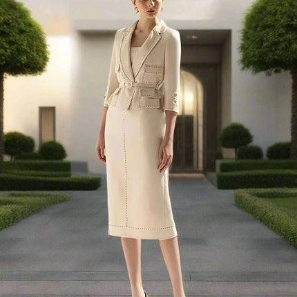 Elegant Women's Autumn 2-Piece Suit with Contrast Lines Belted Jacket and Slim Tweed Dress - Très Elite