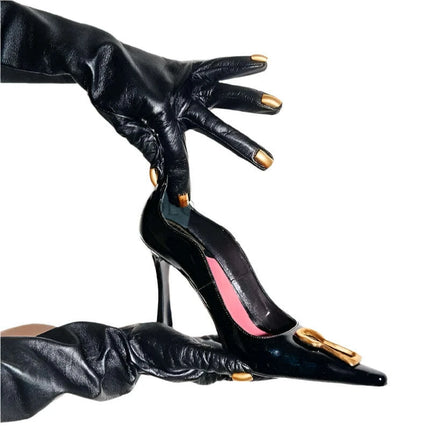Elegant Women's Cat-Inspired Pointed High-Heel Shoes with Chic Metallic Details - Luxurious Leather Suede for Special Occasions - Très Elite