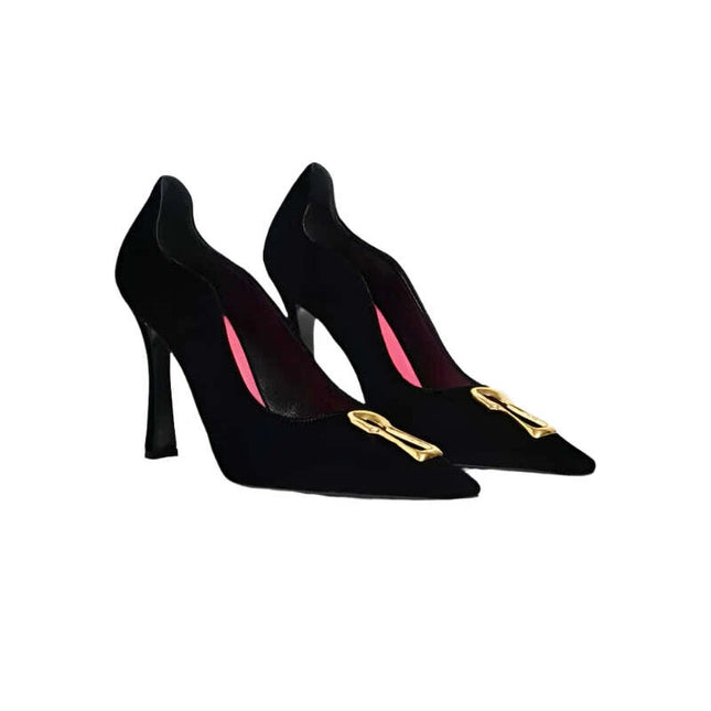 Elegant Women's Cat-Inspired Pointed High-Heel Shoes with Chic Metallic Details - Luxurious Leather Suede for Special Occasions