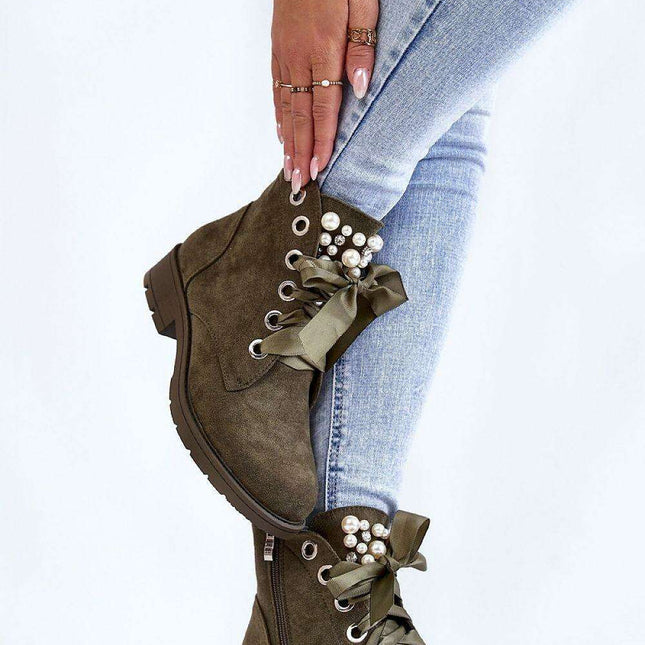 Elegant Women's Eco-Leather Boots with Pearl and Rhinestone Details