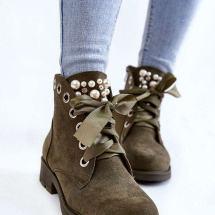 Elegant Women's Eco-Leather Boots with Pearl and Rhinestone Details - Très Elite