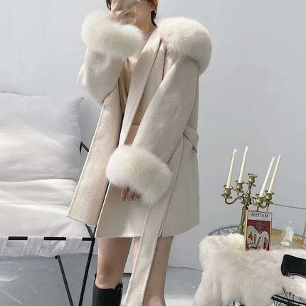 Elegant Women's Wool Blend Winter Coat with Fox Fur Trim and Cashmere Lining