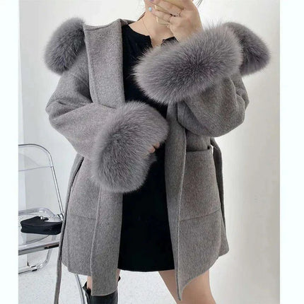 Elegant Women's Wool Blend Winter Coat with Fox Fur Trim and Cashmere Lining - Très Elite