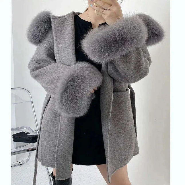 Elegant Women's Wool Blend Winter Coat with Fox Fur Trim and Cashmere Lining