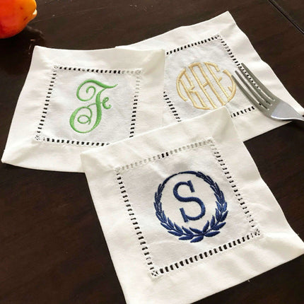 Elegantly Embroidered Camellia Monogrammed Cocktail Napkin Set - A Touch of Victorian Luxury for Your Table - Très Elite