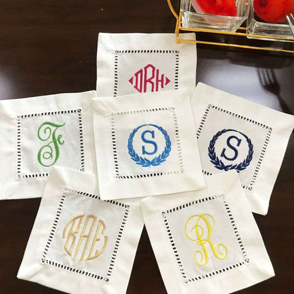 Elegantly Embroidered Camellia Monogrammed Cocktail Napkin Set - A Touch of Victorian Luxury for Your Table - Très Elite
