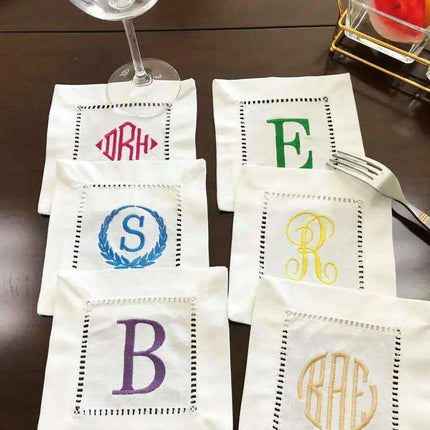 Elegantly Embroidered Camellia Monogrammed Cocktail Napkin Set - A Touch of Victorian Luxury for Your Table - Très Elite