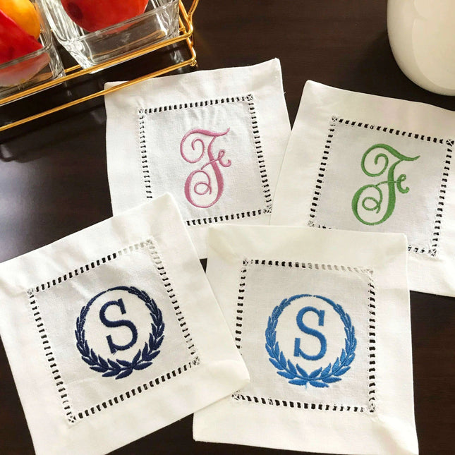 Elegantly Embroidered Camellia Monogrammed Cocktail Napkin Set - A Touch of Victorian Luxury for Your Table