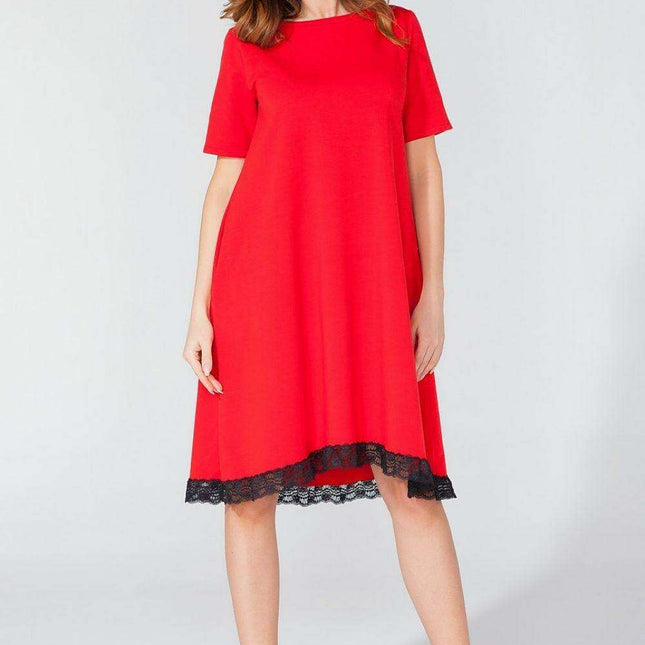 Elegantly Functional Short Sleeve Dress with Lace Accents and Handy Pockets