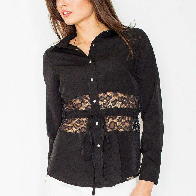 Elegantly Ribbon-Embellished Long Sleeve Blouse with Lace Accents for Women