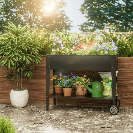 Elevated Galvanized Steel Mobile Garden Planter with Storage and Wheels..