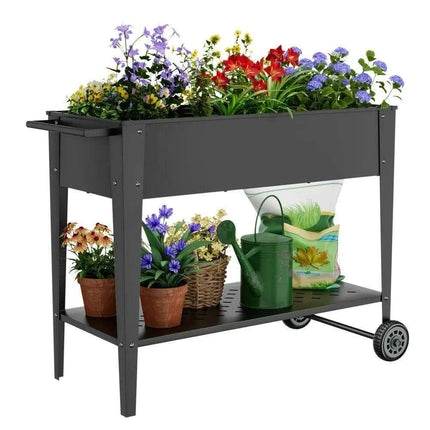 Elevated Galvanized Steel Mobile Garden Planter with Storage and Wheels..