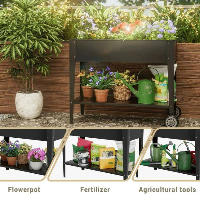Elevated Galvanized Steel Mobile Garden Planter with Storage and Wheels
