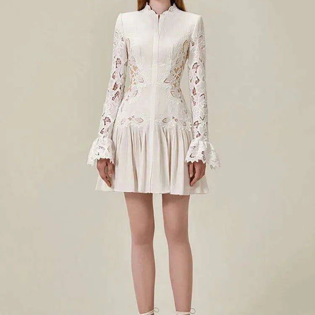 Embroidered Lace Evening Dress with Pleated Flare Sleeves for Women