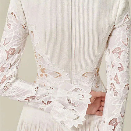 Embroidered Lace Evening Dress with Pleated Flare Sleeves for Women - Très Elite