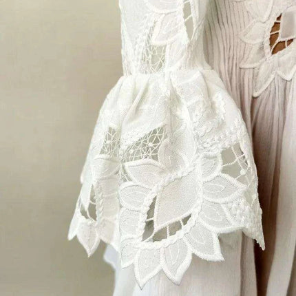 Embroidered Lace Evening Dress with Pleated Flare Sleeves for Women - Très Elite