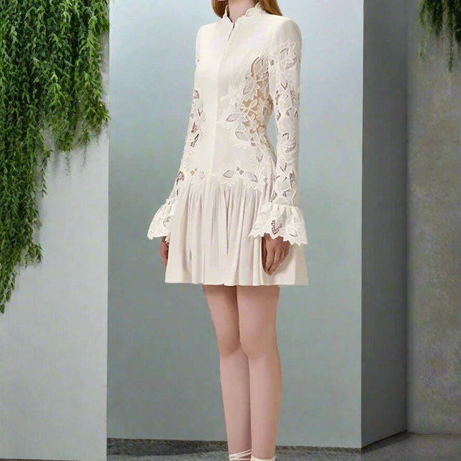 Embroidered Lace Evening Dress with Pleated Flare Sleeves for Women