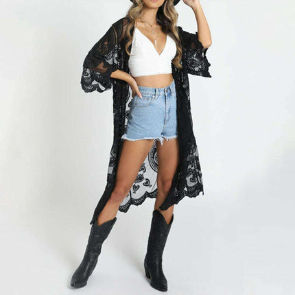 Embroidered lace bikini and mesh cardigan beach cover-up - Très Elite