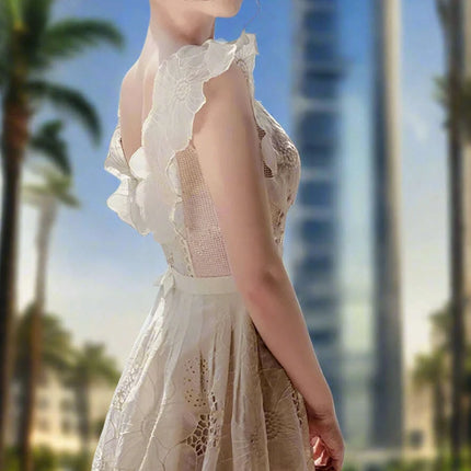 Embroidery Hollow V-Neck Lace Dress - Très Elite