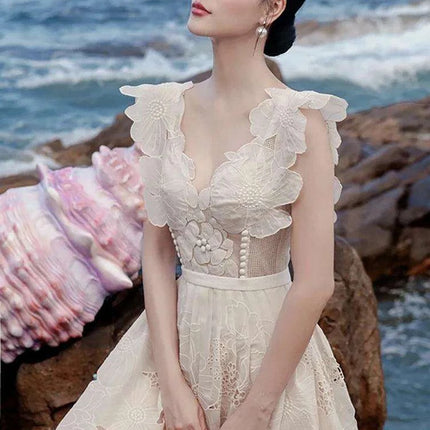Embroidery Hollow V-Neck Lace Dress - Très Elite