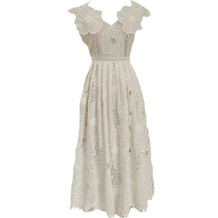 Embroidery Hollow V-Neck Lace Dress - Très Elite