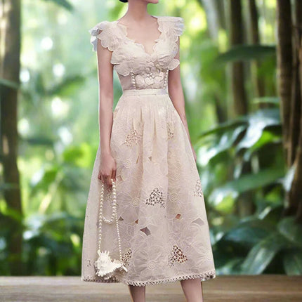 Embroidery Hollow V-Neck Lace Dress - Très Elite