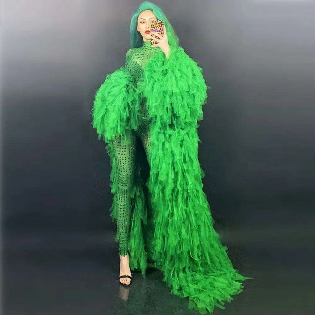 Emerald Diva Rhinestone Showstopper Set: Green Long Coat & Bodycon Jumpsuit for Female Performers
