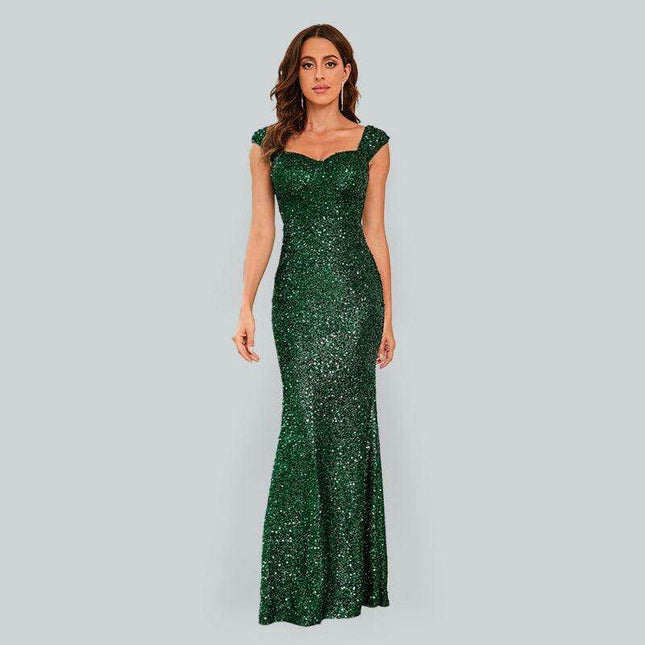 Emerald Sequin Maxi Dress with Square Neckline - Chic Elegance for Women