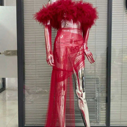 Enchanting Crimson Mesh Sheath Dress with Flowing Ruffles for Unforgettable Nights - Très Elite