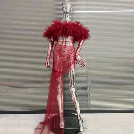Enchanting Crimson Mesh Sheath Dress with Flowing Ruffles for Unforgettable Nights - Très Elite
