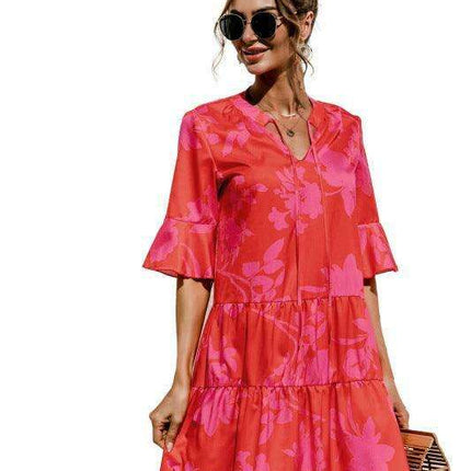 Enchanting Floral V-Neck Maxi Dress with Elegant Trumpet Sleeves and Delightful Cake Accents - Très Elite