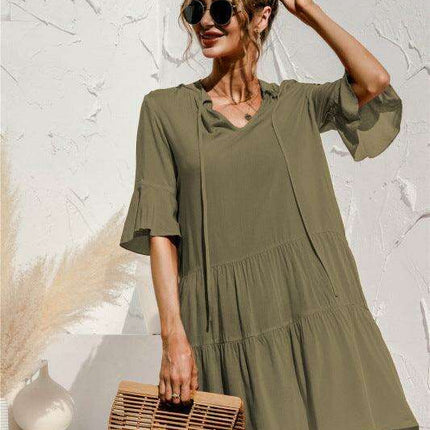 Enchanting Floral V-Neck Maxi Dress with Elegant Trumpet Sleeves and Delightful Cake Accents - Très Elite