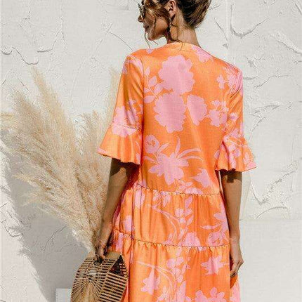 Enchanting Floral V-Neck Maxi Dress with Elegant Trumpet Sleeves and Delightful Cake Accents - Très Elite