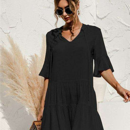 Enchanting Floral V-Neck Maxi Dress with Elegant Trumpet Sleeves and Delightful Cake Accents - Très Elite